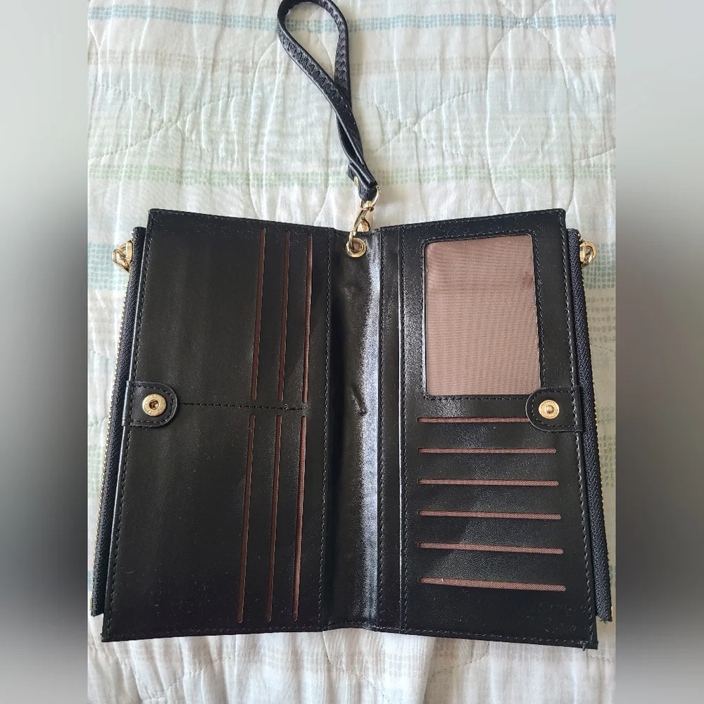 Art deco gold trimmed envelope black clutch organizer wallet
